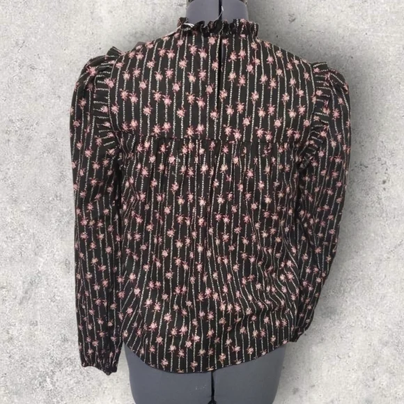 WAYF Women Top High Neck Ruffle Collar Long Sleeve Floral Print Black Size Small - Picture 2 of 7